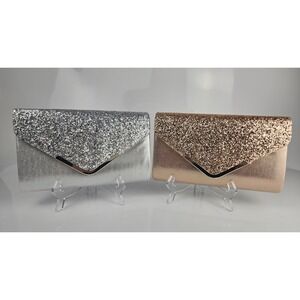 TWO Sparkling Evening Bags Clutch Shoulder Silver & Rose Gold‎ Metallic Unworn!